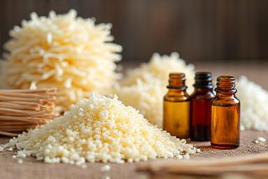 Candle making supplies like wax flakes, wicks, and fragrance oils